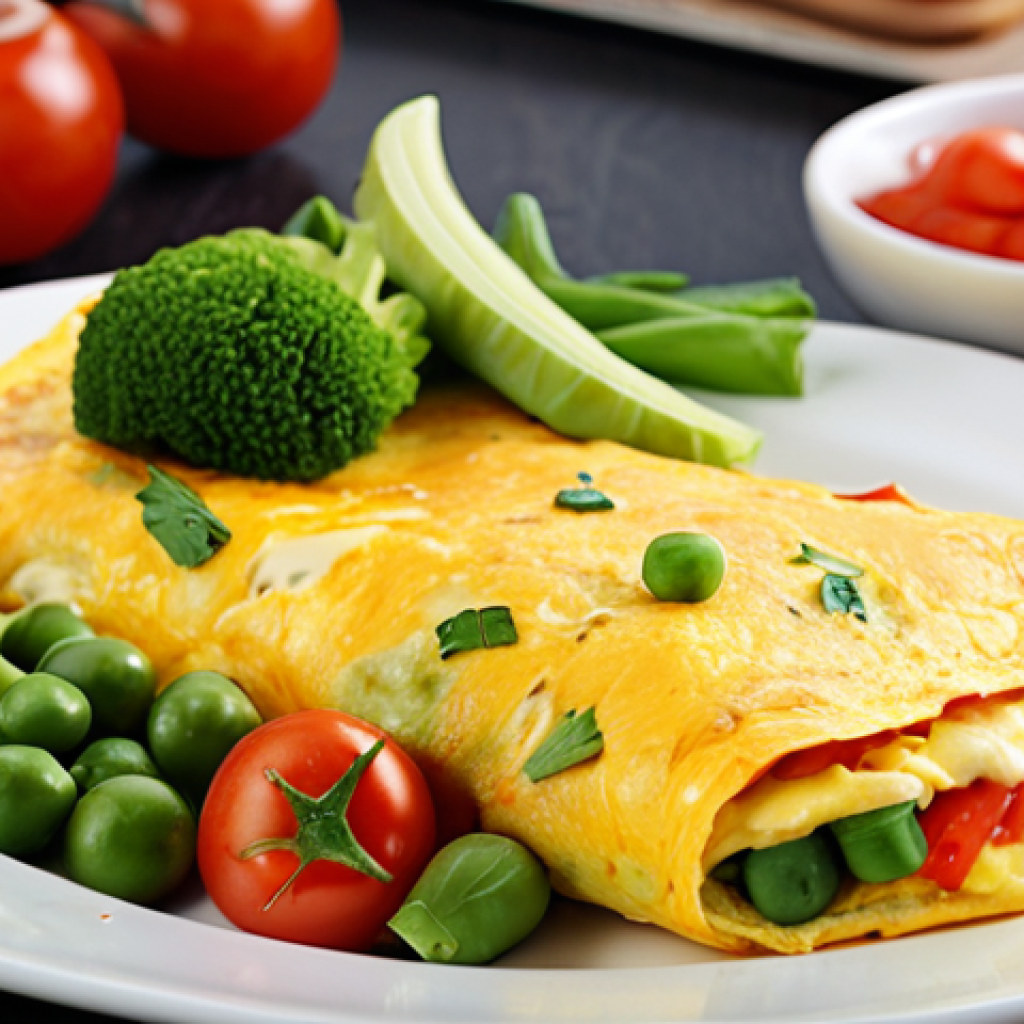 **

Omelet with cheese and vegetables, served for breakfast. Focus on fresh ingredients and vibrant colors. The image should convey a healthy and energetic start to the day.

**