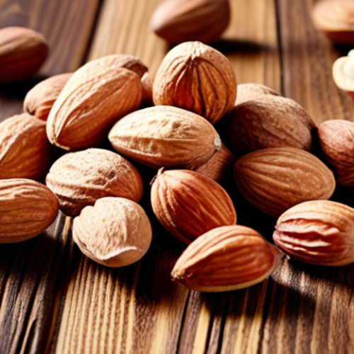 Home 6 **Prompt:** A handful of almonds and hazelnuts, vibrant and textured, scattered on a wooden surface. Focus on highlighting the natural oils and rich colors. Emphasize the sense of healthy, natural beauty.