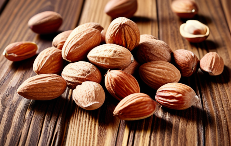 **Prompt:** A handful of almonds and hazelnuts, vibrant and textured, scattered on a wooden surface. Focus on highlighting the natural oils and rich colors. Emphasize the sense of healthy, natural beauty.